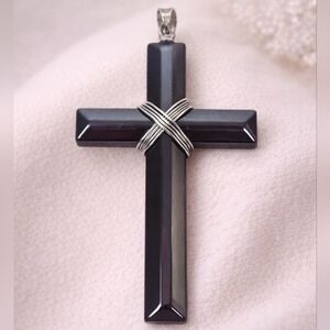 Black Stone Cross Pendant Silver Wire Wrap Hematite Tone Religious Charm